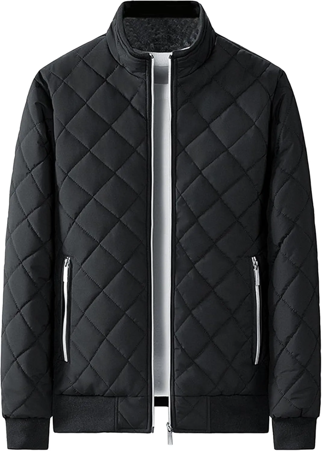 Men's Stand Collar Solid Streetwear Jacket Winter Bomber Diamond Quilted Coat Classic Rib Lightweight Coats