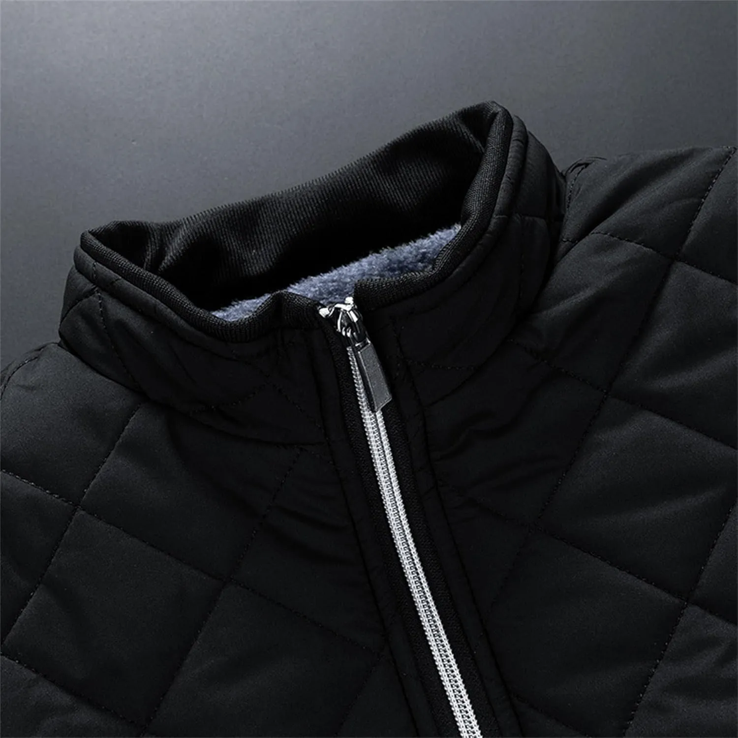 Men's Stand Collar Solid Streetwear Jacket Winter Bomber Diamond Quilted Coat Classic Rib Lightweight Coats