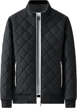 Men's Stand Collar Solid Streetwear Jacket Winter Bomber Diamond Quilted Coat Classic Rib Lightweight Coats