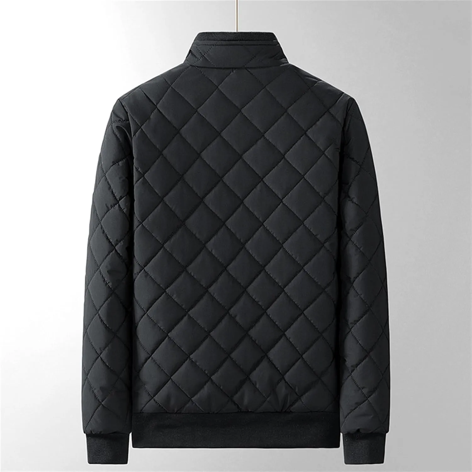 Men's Stand Collar Solid Streetwear Jacket Winter Bomber Diamond Quilted Coat Classic Rib Lightweight Coats