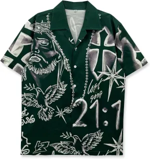 Men's Stylish Button Down Shirt, Religious Art Print, Short Sleeve Summer Hawaiian Style, Streetwear