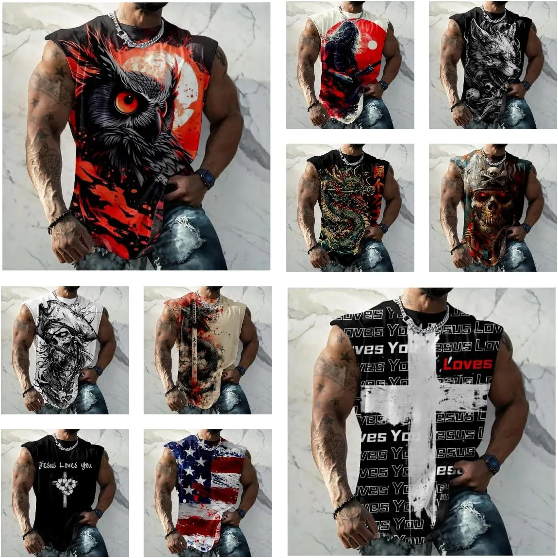 Mens Tank Top Funny Print Casual Summer Novelty Cool Loose Fit Big and Tall Gym Workout Sleeveless Shirts