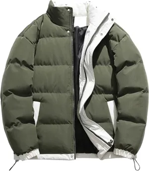 Men's Winter Bread Puffer Jacket Long Sleeve Stand Collar Bubble Coat Casual Cotton Padded Down Coat