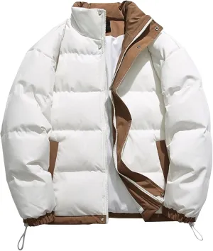 Men's Winter Bread Puffer Jacket Long Sleeve Stand Collar Bubble Coat Casual Cotton Padded Down Coat