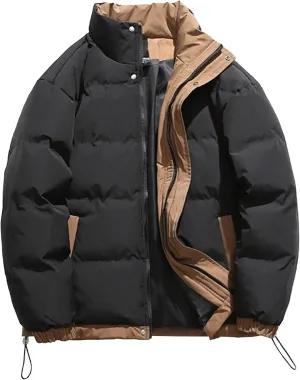 Men's Winter Bread Puffer Jacket Long Sleeve Stand Collar Bubble Coat Casual Cotton Padded Down Coat