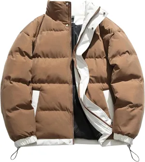 Men's Winter Bread Puffer Jacket Long Sleeve Stand Collar Bubble Coat Casual Cotton Padded Down Coat