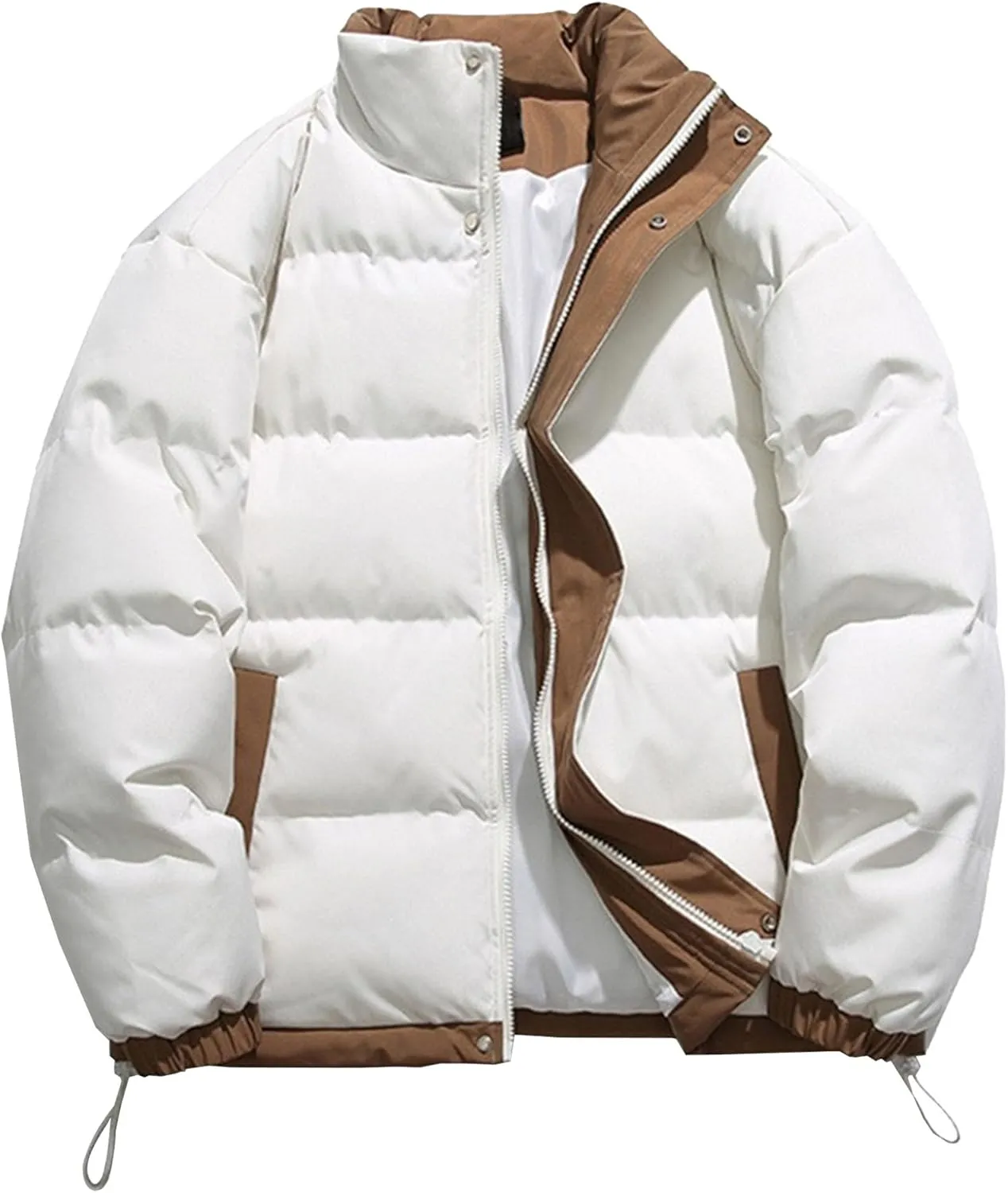 Men's Winter Bread Puffer Jacket Long Sleeve Stand Collar Bubble Coat Casual Cotton Padded Down Coat