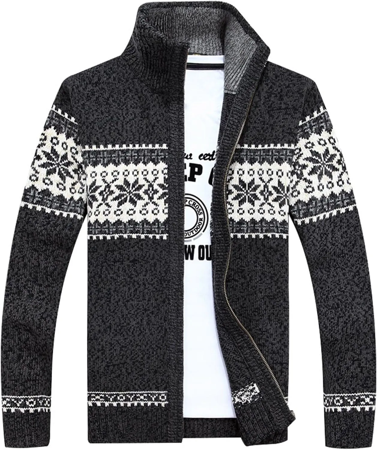 Men's Zip Up Cardigan Sweater Soft Slim Fit High Neck Norway Printed Knit Sweaters Warm Cozy Long Sleeve Outerwear