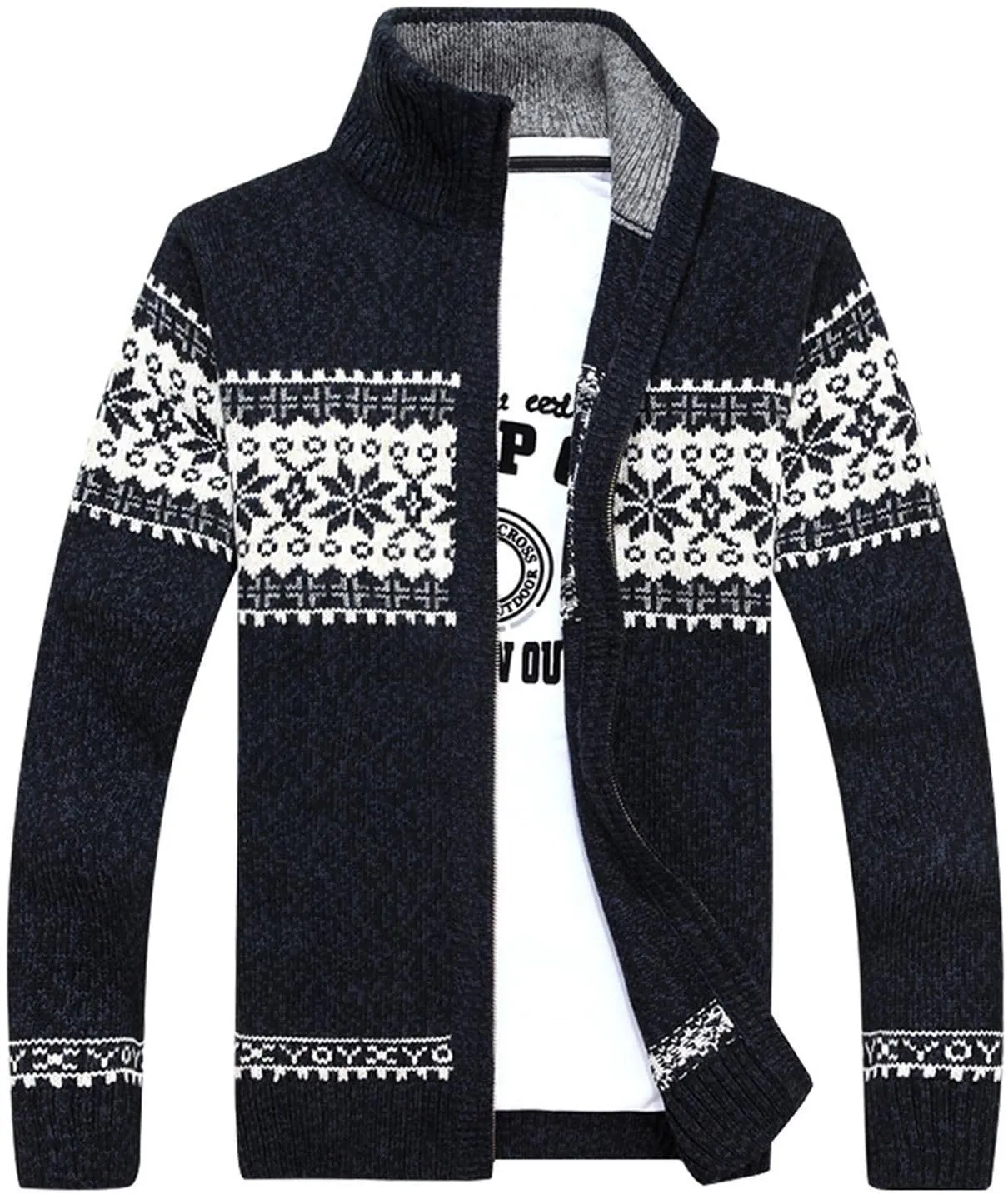 Men's Zip Up Cardigan Sweater Soft Slim Fit High Neck Norway Printed Knit Sweaters Warm Cozy Long Sleeve Outerwear