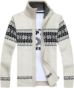 Men's Zip Up Cardigan Sweater Soft Slim Fit High Neck Norway Printed Knit Sweaters Warm Cozy Long Sleeve Outerwear