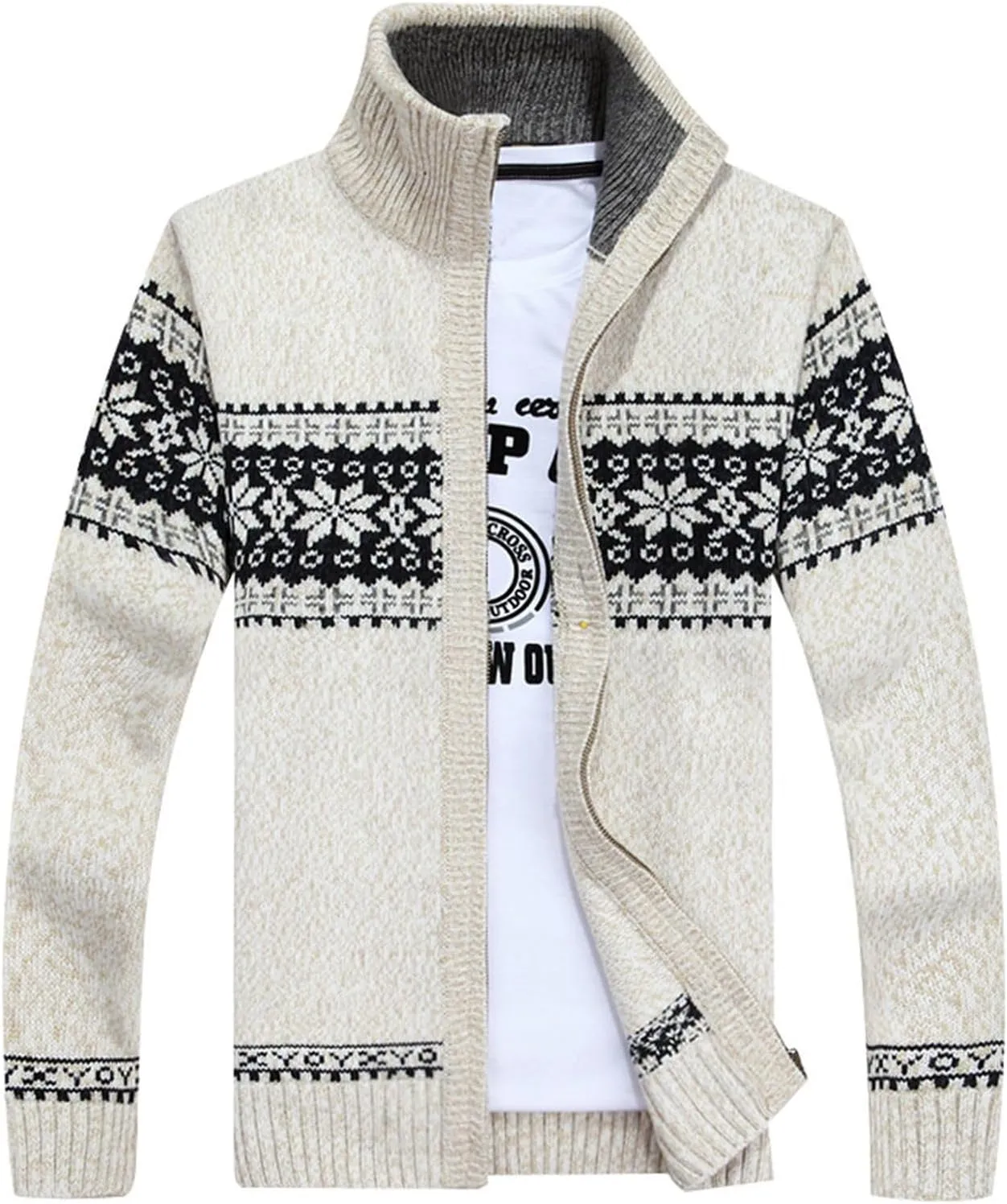 Men's Zip Up Cardigan Sweater Soft Slim Fit High Neck Norway Printed Knit Sweaters Warm Cozy Long Sleeve Outerwear