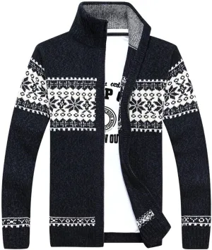 Men's Zip Up Cardigan Sweater Soft Slim Fit High Neck Norway Printed Knit Sweaters Warm Cozy Long Sleeve Outerwear