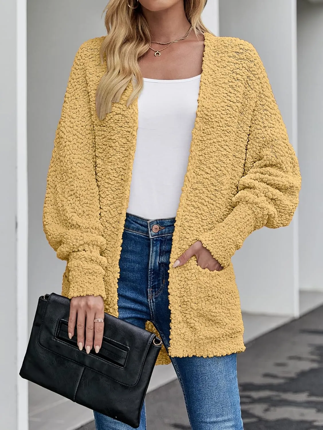 MEROKEETY Women's 2025 Winter Fuzzy Popcorn Batwing Sleeve Cardigan Knit Oversized Sherpa Sweater Coat