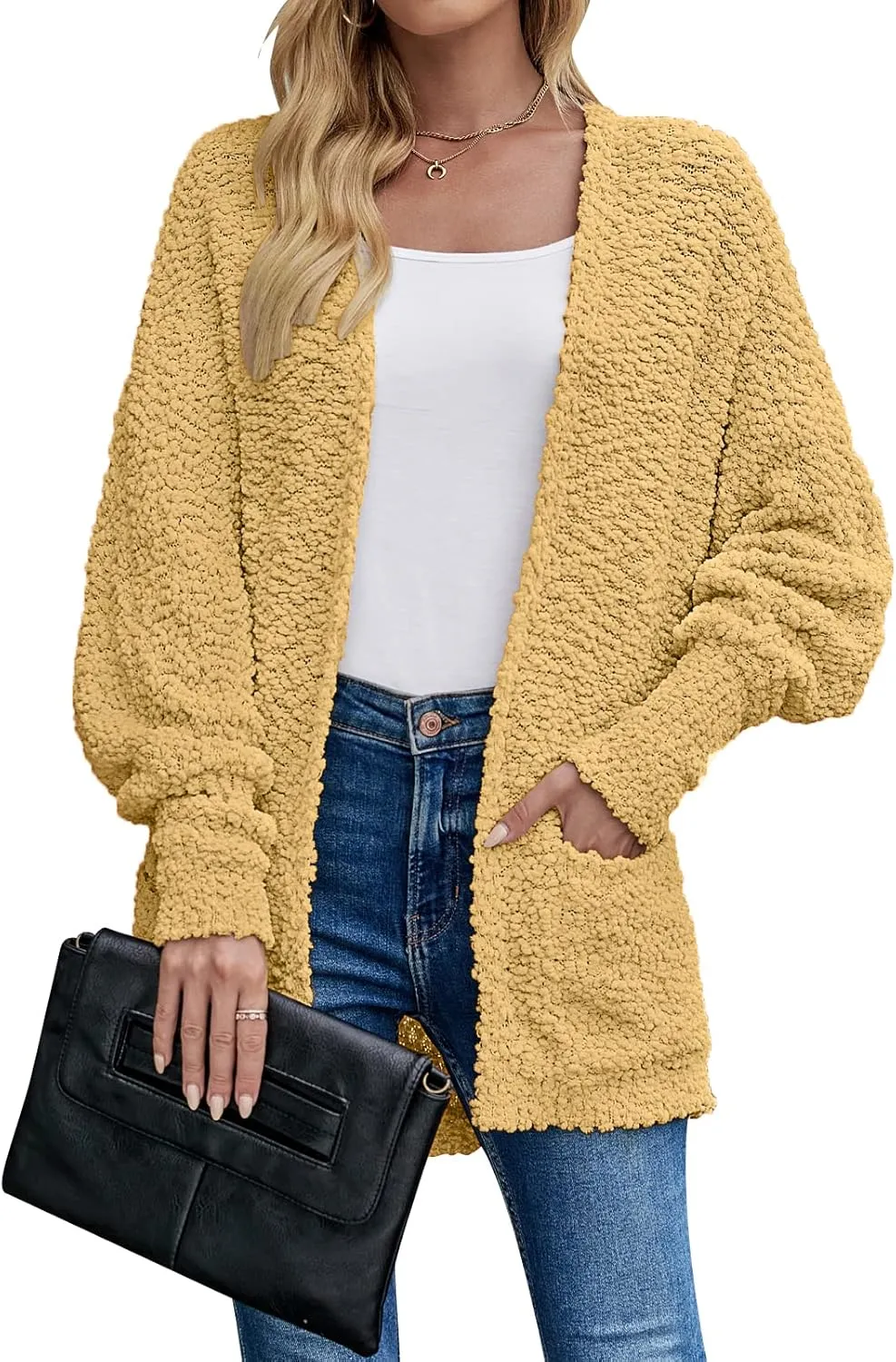MEROKEETY Women's 2025 Winter Fuzzy Popcorn Batwing Sleeve Cardigan Knit Oversized Sherpa Sweater Coat