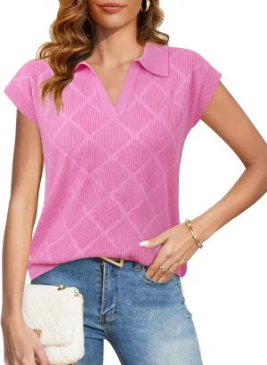 Messic Womens Cap Sleeve Sweater Lapel V Neck Casual Knit Pullover Tops 2024