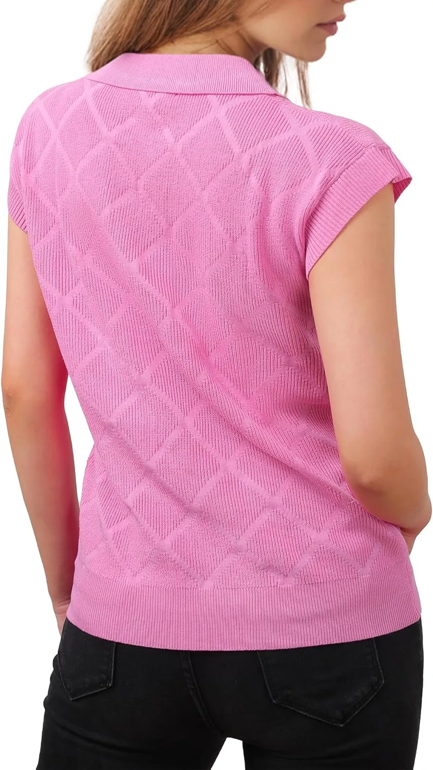 Messic Womens Cap Sleeve Sweater Lapel V Neck Casual Knit Pullover Tops 2024