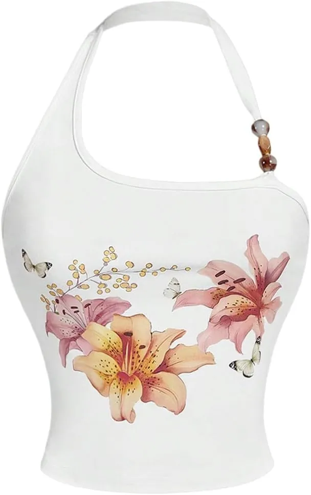 Milumia Women's Beaded Floral Backless Halter Top Asymmetrical Sleeveless Y2k Tops