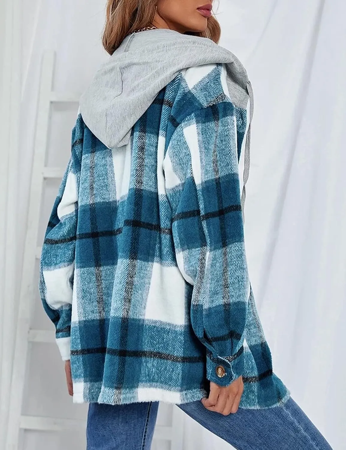 Mingzhu Womens Flannel Plaid Hoodie Jacket Shacket Oversized Button Down Coat