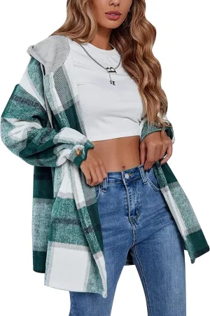 Mingzhu Womens Flannel Plaid Hoodie Jacket Shacket Oversized Button Down Coat