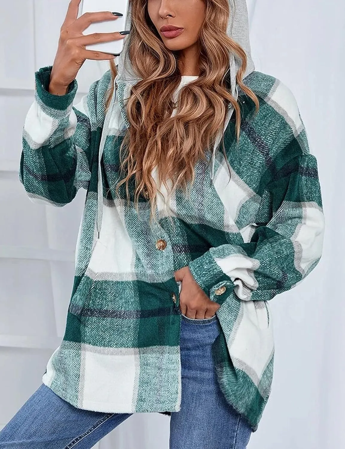 Mingzhu Womens Flannel Plaid Hoodie Jacket Shacket Oversized Button Down Coat