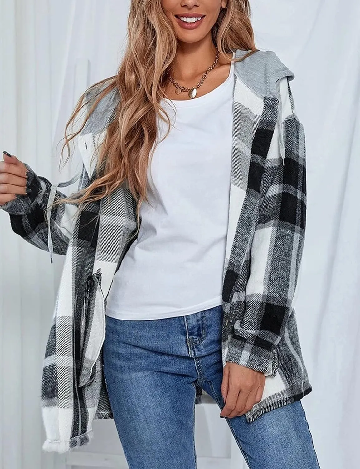Mingzhu Womens Flannel Plaid Hoodie Jacket Shacket Oversized Button Down Coat