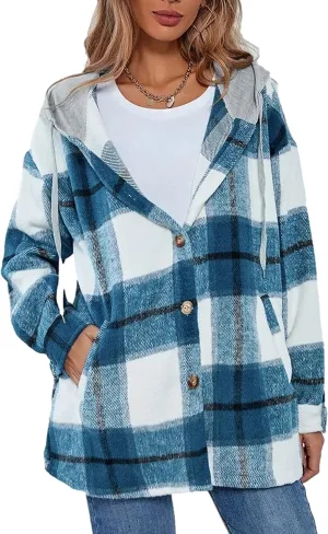 Mingzhu Womens Flannel Plaid Hoodie Jacket Shacket Oversized Button Down Coat