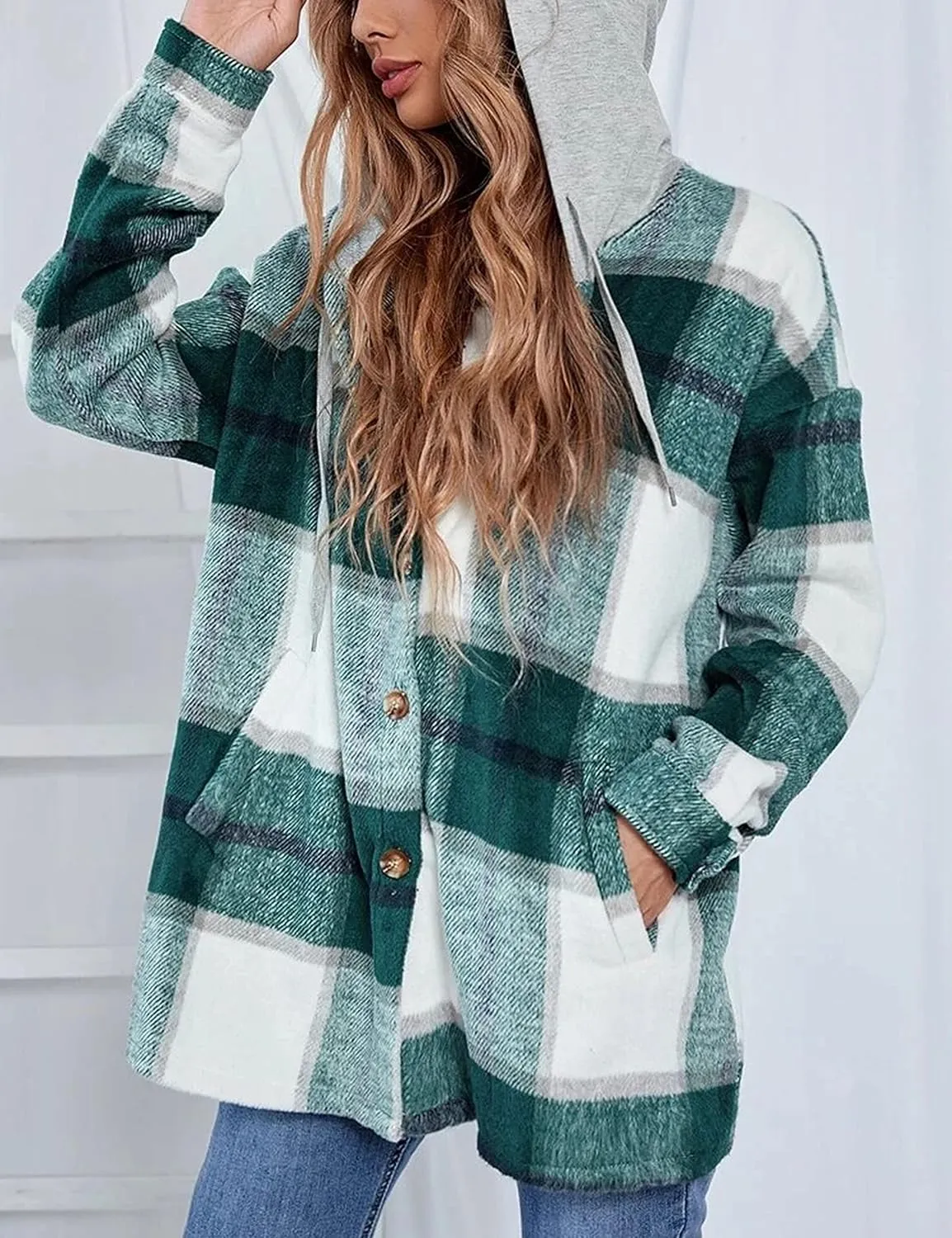 Mingzhu Womens Flannel Plaid Hoodie Jacket Shacket Oversized Button Down Coat
