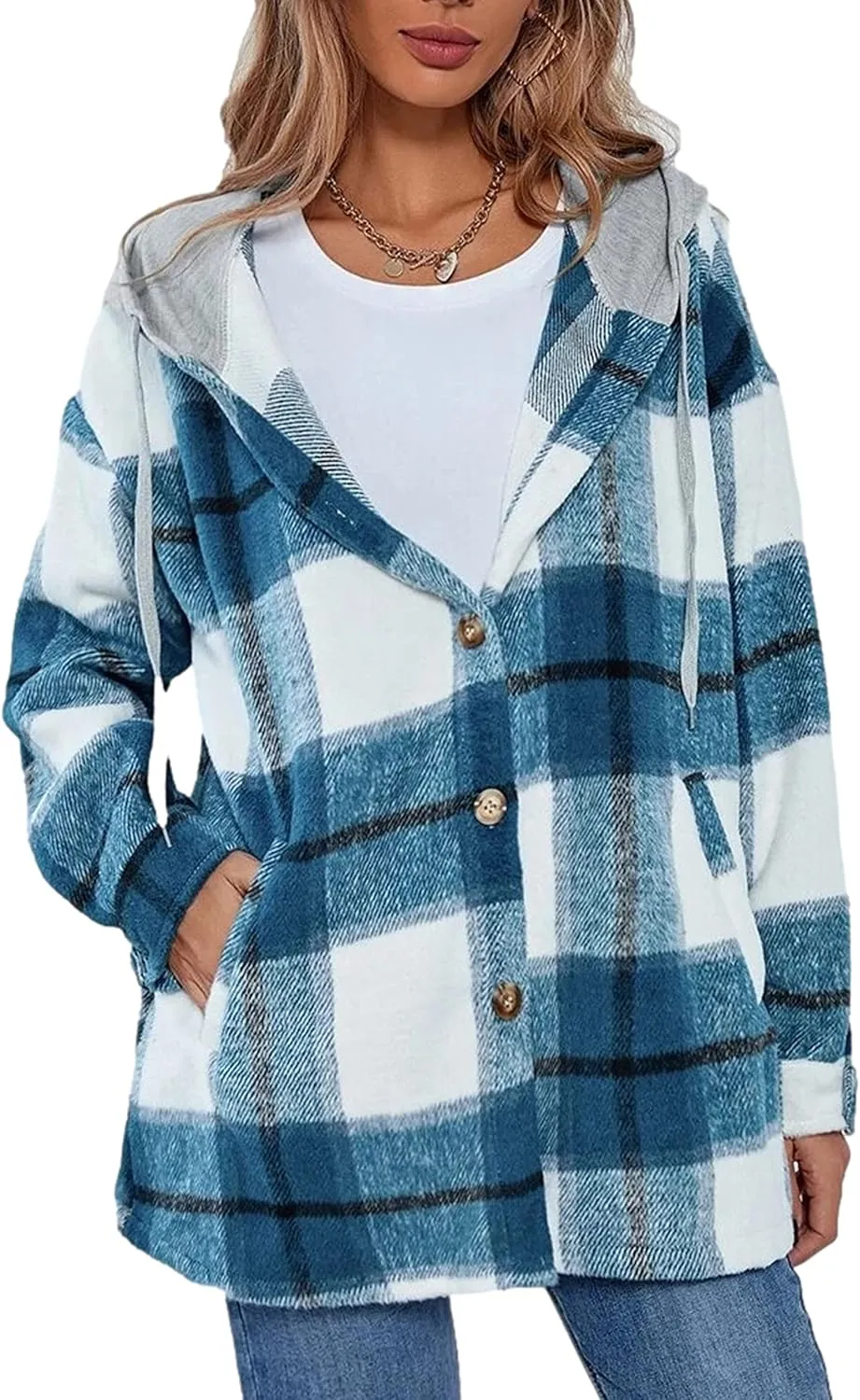 Mingzhu Womens Flannel Plaid Hoodie Jacket Shacket Oversized Button Down Coat