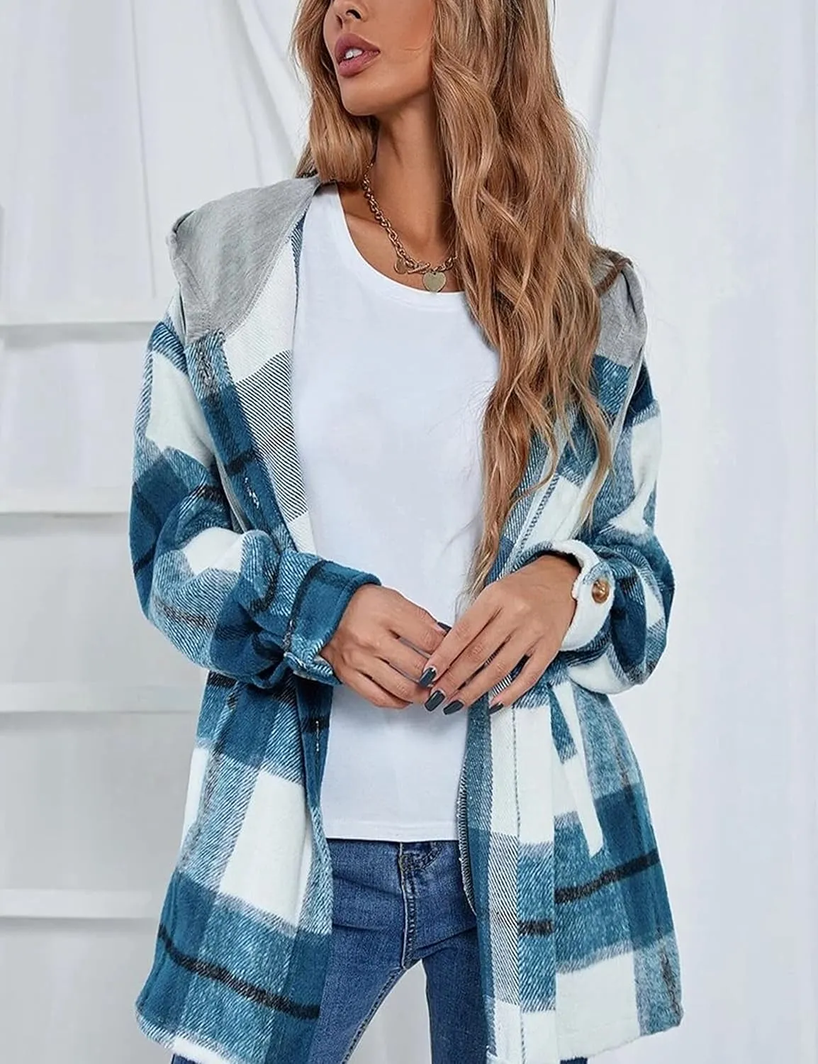 Mingzhu Womens Flannel Plaid Hoodie Jacket Shacket Oversized Button Down Coat