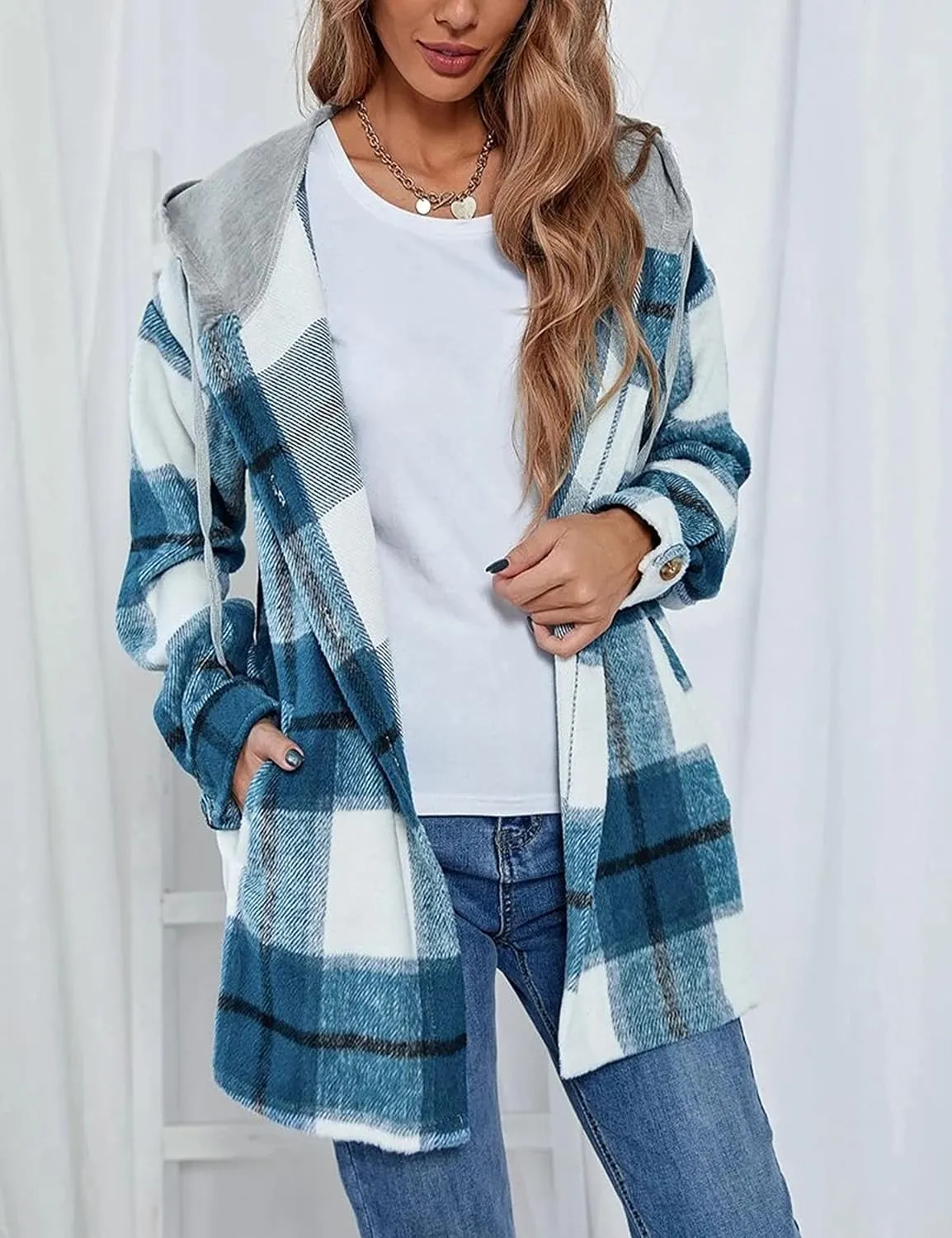 Mingzhu Womens Flannel Plaid Hoodie Jacket Shacket Oversized Button Down Coat