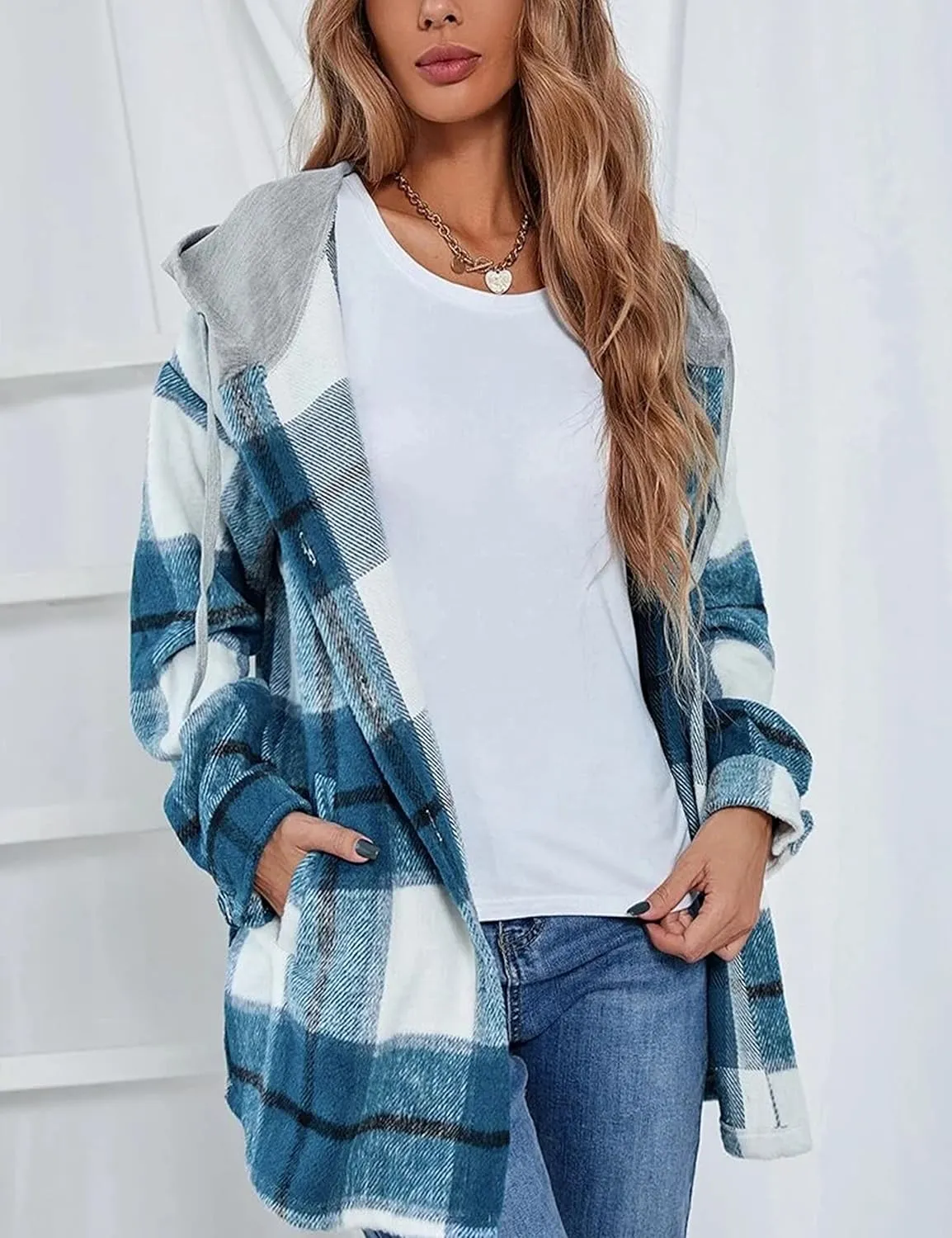 Mingzhu Womens Flannel Plaid Hoodie Jacket Shacket Oversized Button Down Coat