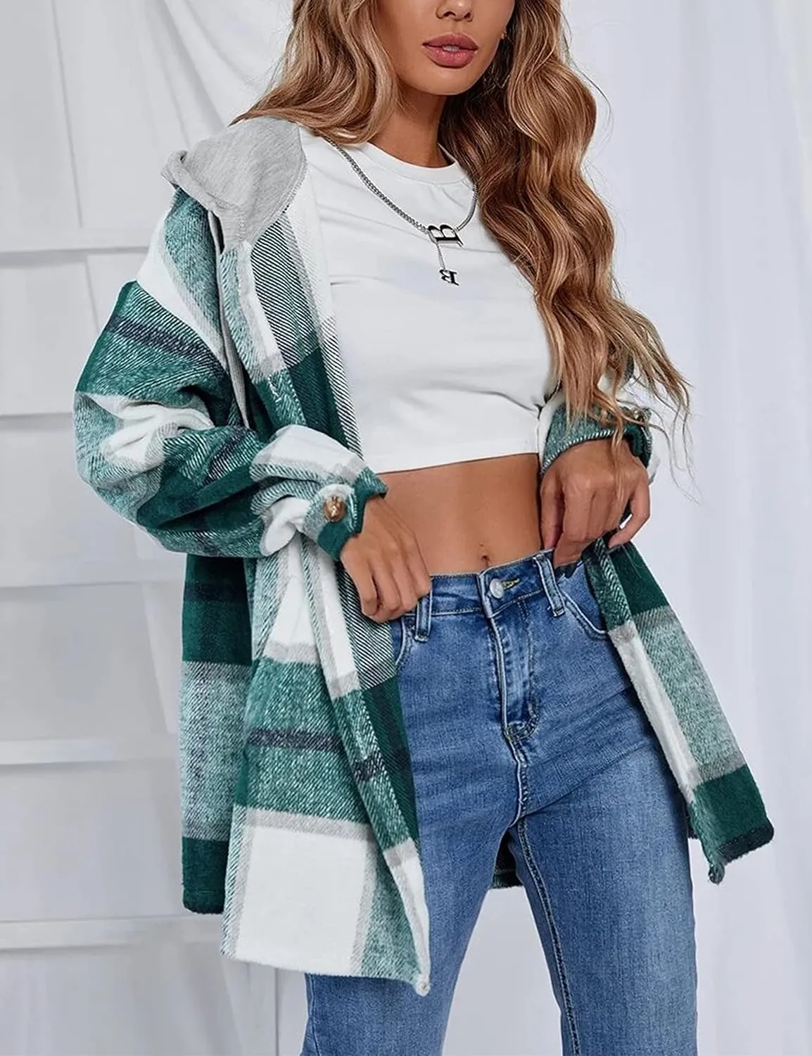 Mingzhu Womens Flannel Plaid Hoodie Jacket Shacket Oversized Button Down Coat