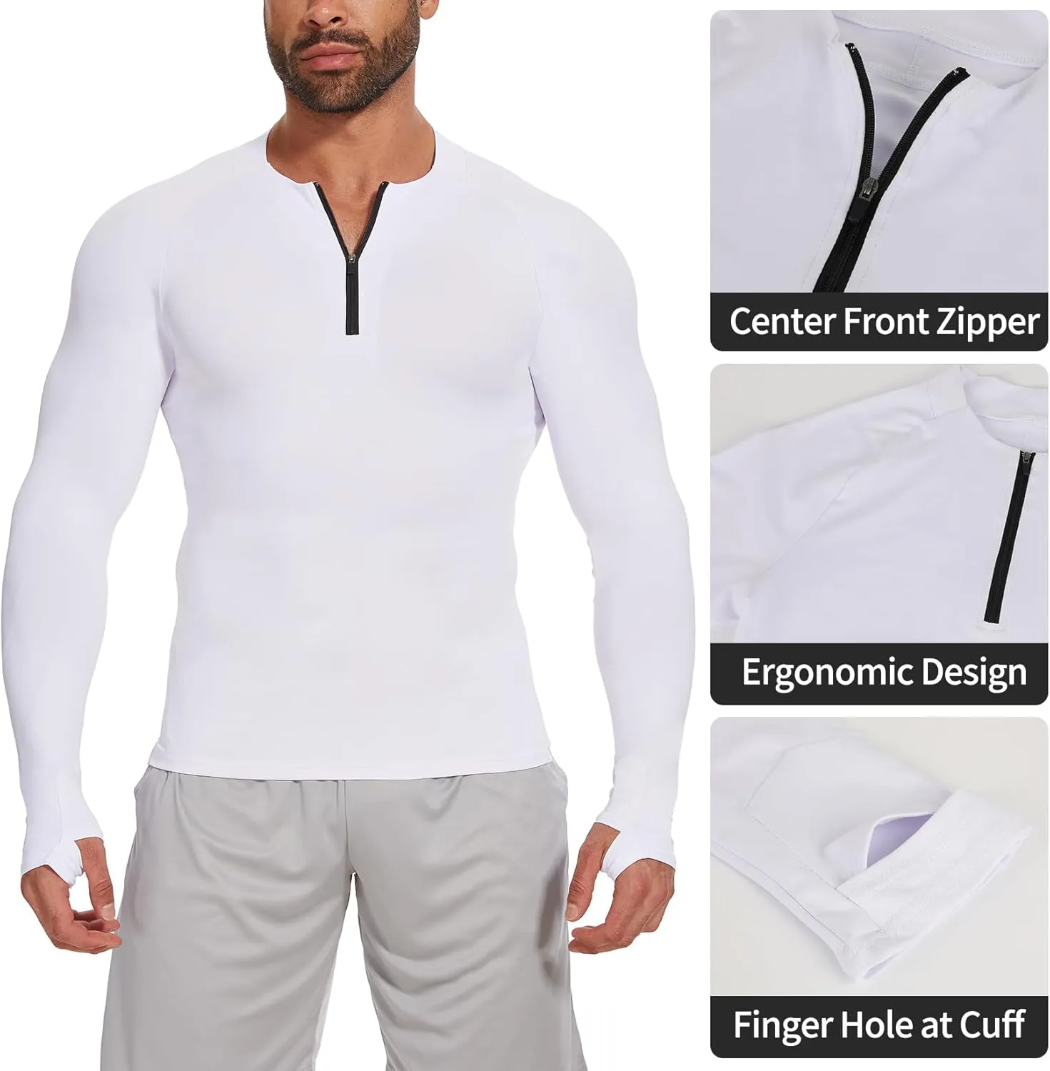 MISS MOLY Mens Long Sleeve Compression Shirt Workout Gym T-Shirt 1/4 Zip Up Dry Top Athletic Base Layer Sport Undershirt