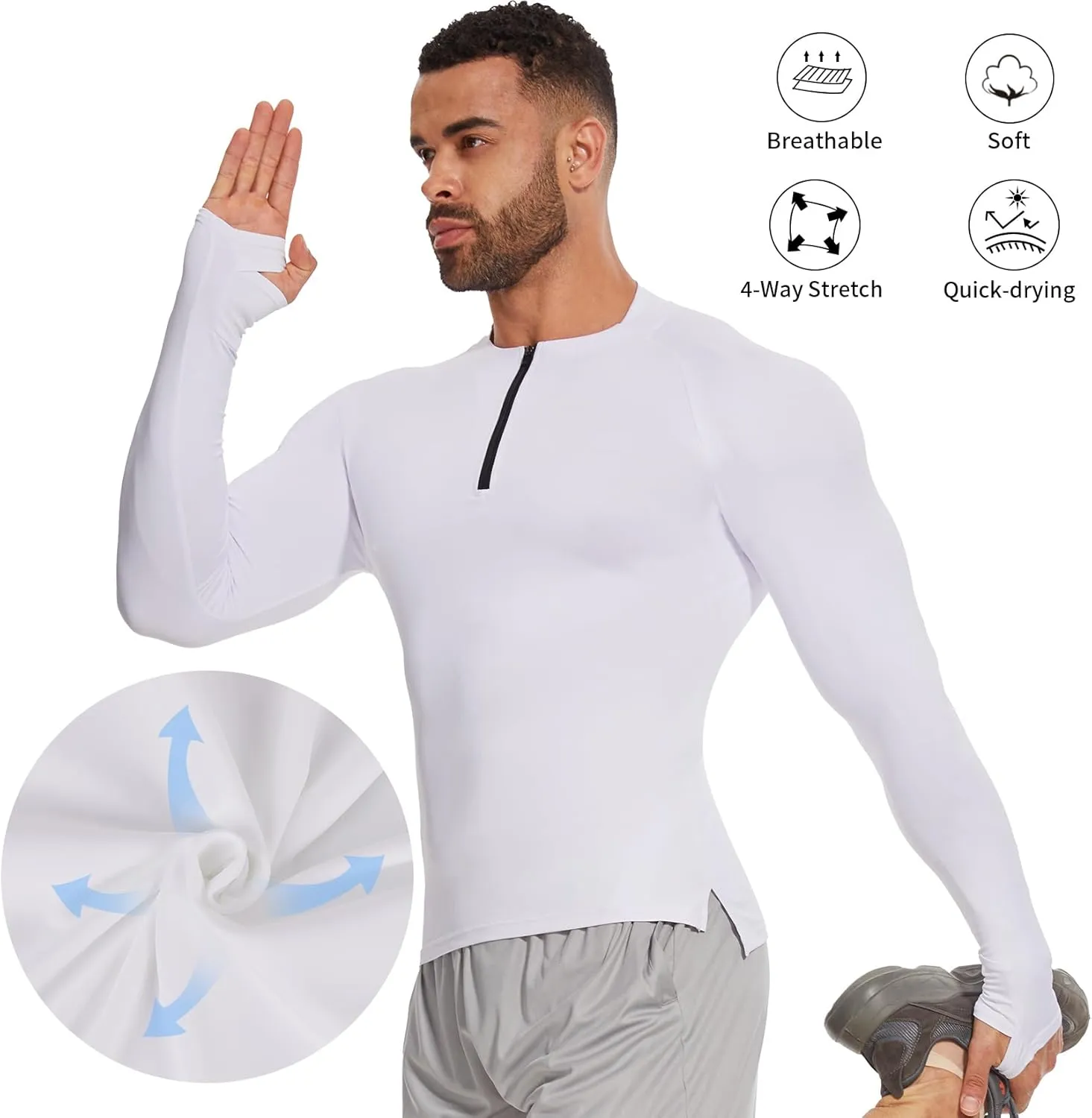 MISS MOLY Mens Long Sleeve Compression Shirt Workout Gym T-Shirt 1/4 Zip Up Dry Top Athletic Base Layer Sport Undershirt