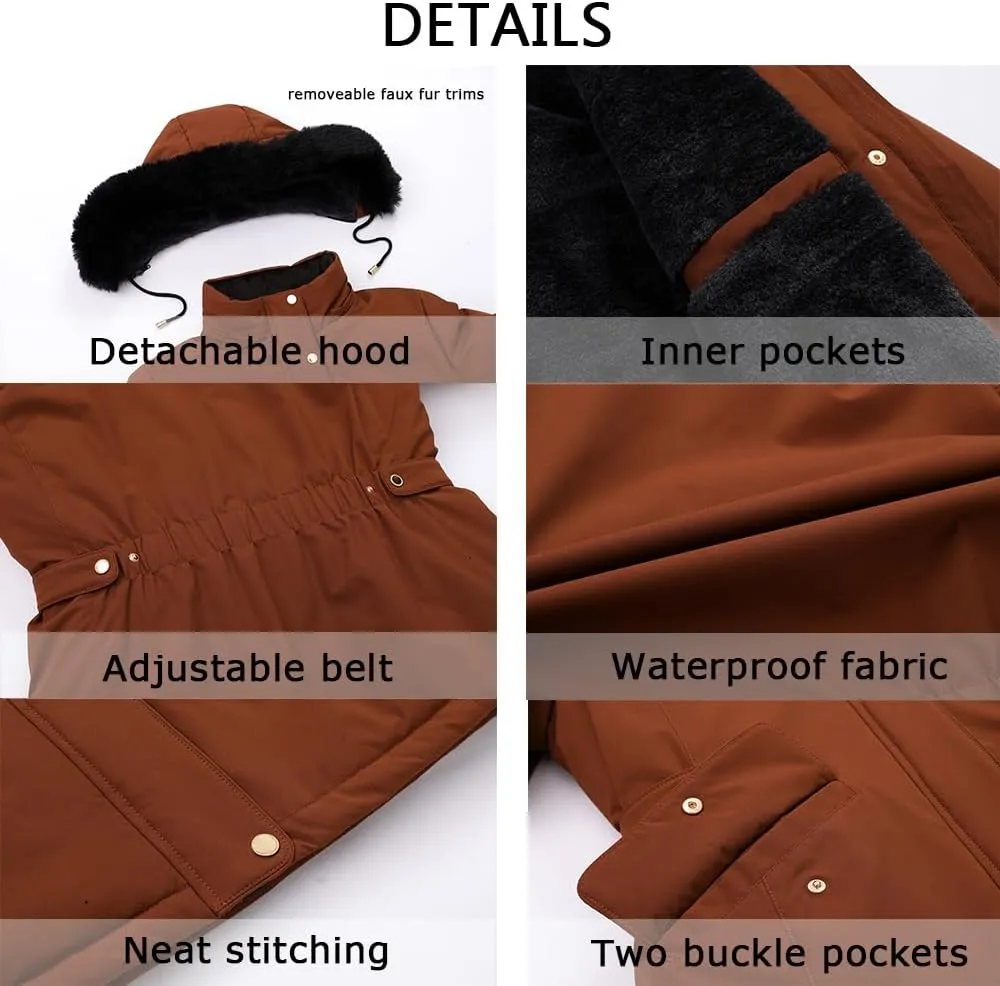 MOERDENG Women's Long Winter Down Coat Thicken Fleece Lined Parka Warm Puffer Jacket With Faux Fur Detachable Hood