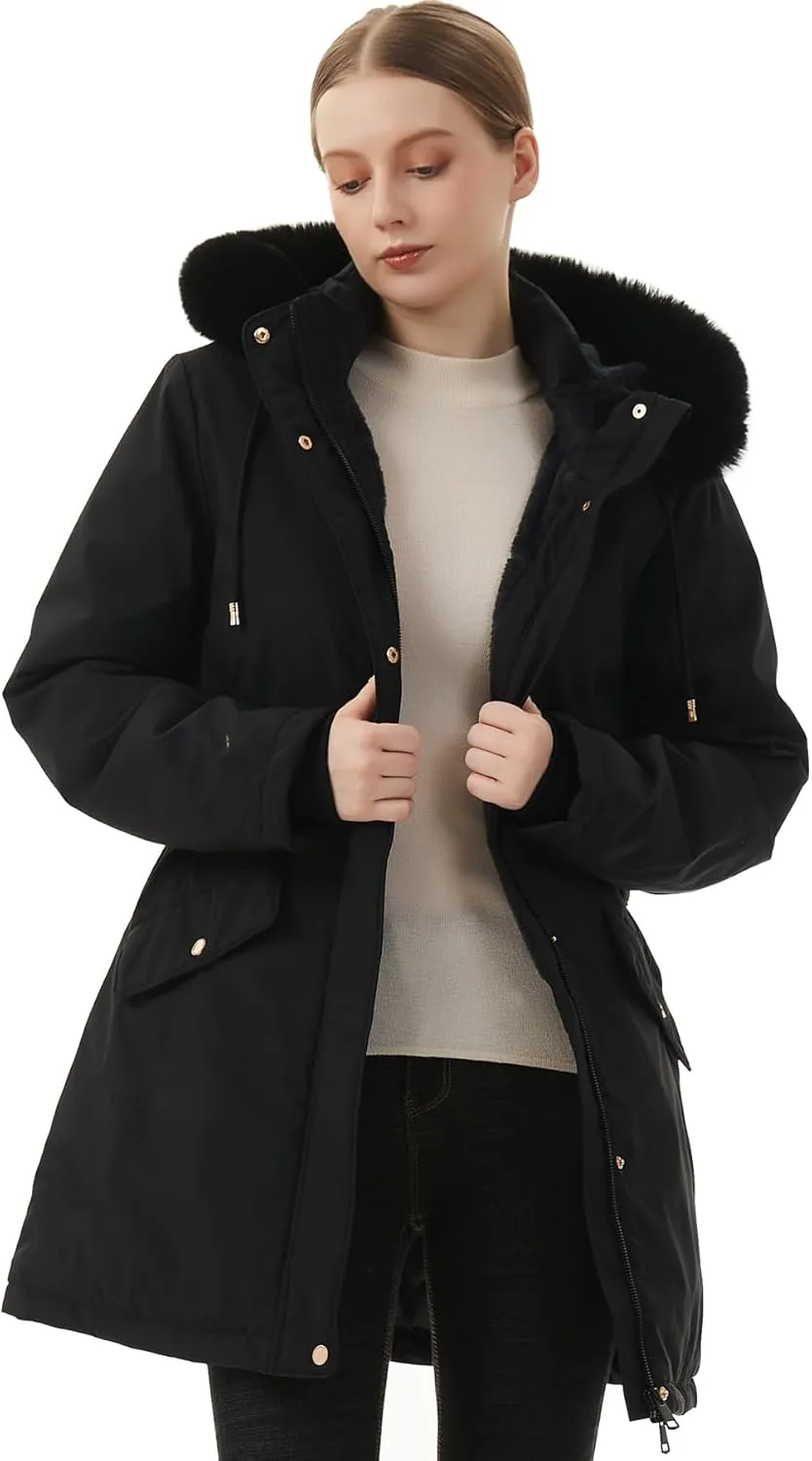 MOERDENG Women's Long Winter Down Coat Thicken Fleece Lined Parka Warm Puffer Jacket With Faux Fur Detachable Hood