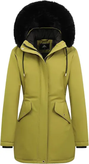 MOERDENG Women's Long Winter Down Coat Thicken Fleece Lined Parka Warm Puffer Jacket With Faux Fur Detachable Hood