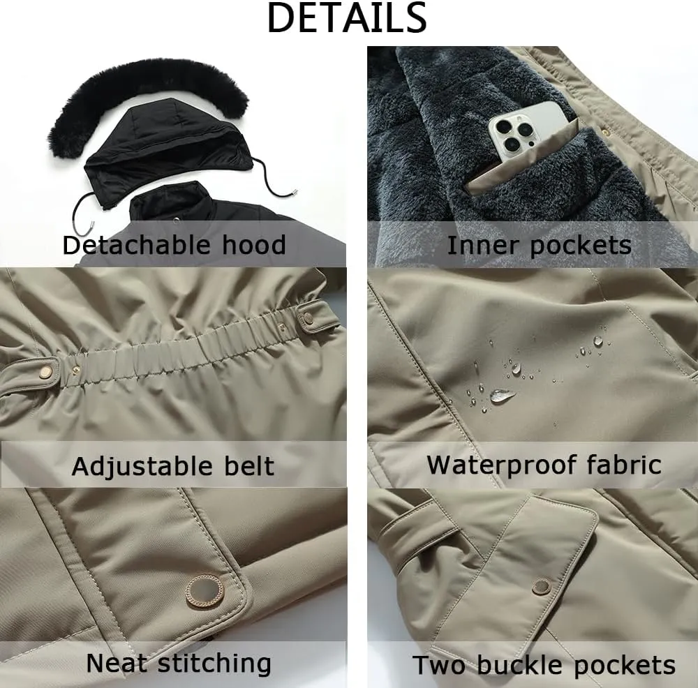 MOERDENG Women's Long Winter Down Coat Thicken Fleece Lined Parka Warm Puffer Jacket With Faux Fur Detachable Hood