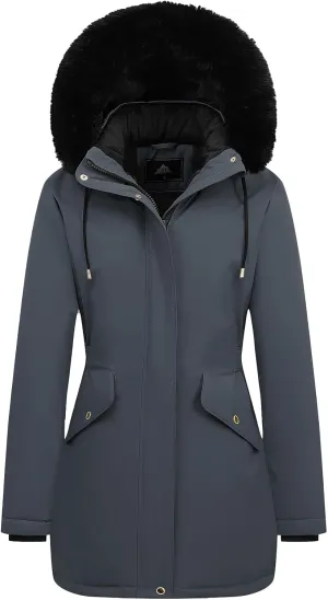 MOERDENG Women's Long Winter Down Coat Thicken Fleece Lined Parka Warm Puffer Jacket With Faux Fur Detachable Hood