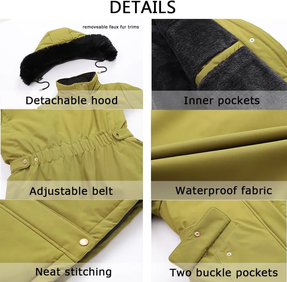 MOERDENG Women's Long Winter Down Coat Thicken Fleece Lined Parka Warm Puffer Jacket With Faux Fur Detachable Hood