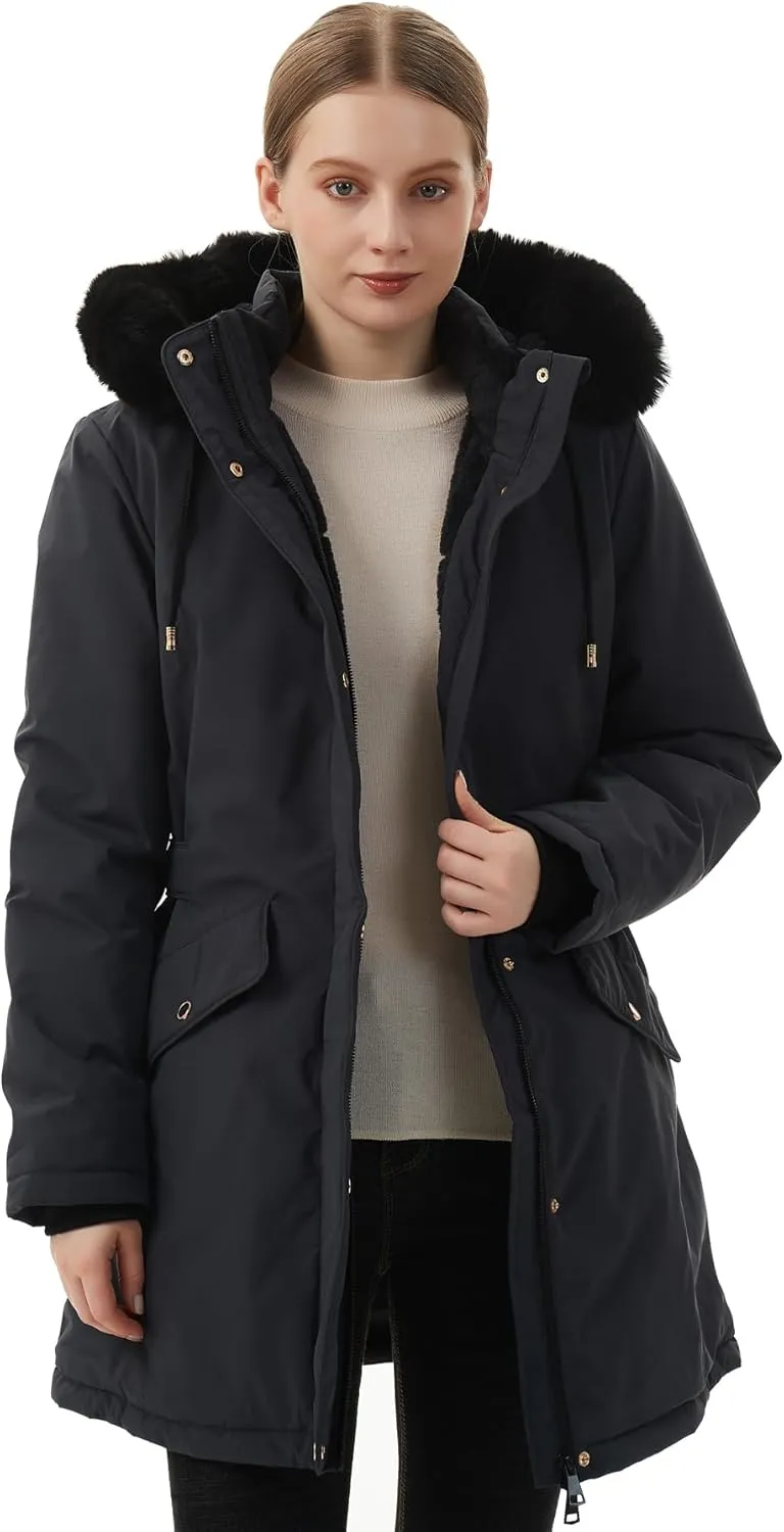 MOERDENG Women's Long Winter Down Coat Thicken Fleece Lined Parka Warm Puffer Jacket With Faux Fur Detachable Hood