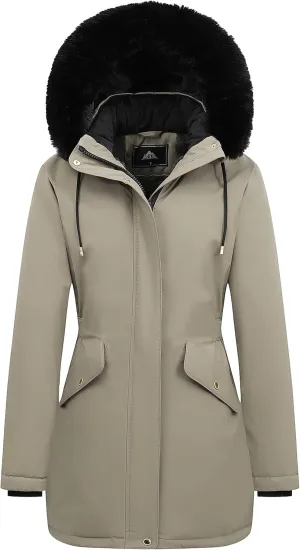 MOERDENG Women's Long Winter Down Coat Thicken Fleece Lined Parka Warm Puffer Jacket With Faux Fur Detachable Hood