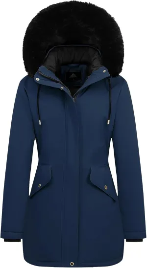 MOERDENG Women's Long Winter Down Coat Thicken Fleece Lined Parka Warm Puffer Jacket With Faux Fur Detachable Hood