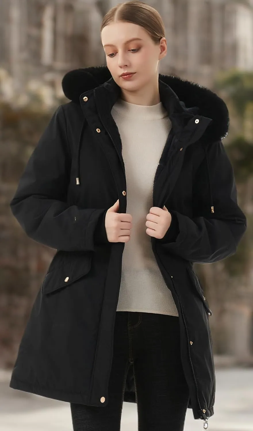 MOERDENG Women's Long Winter Down Coat Thicken Fleece Lined Parka Warm Puffer Jacket With Faux Fur Detachable Hood