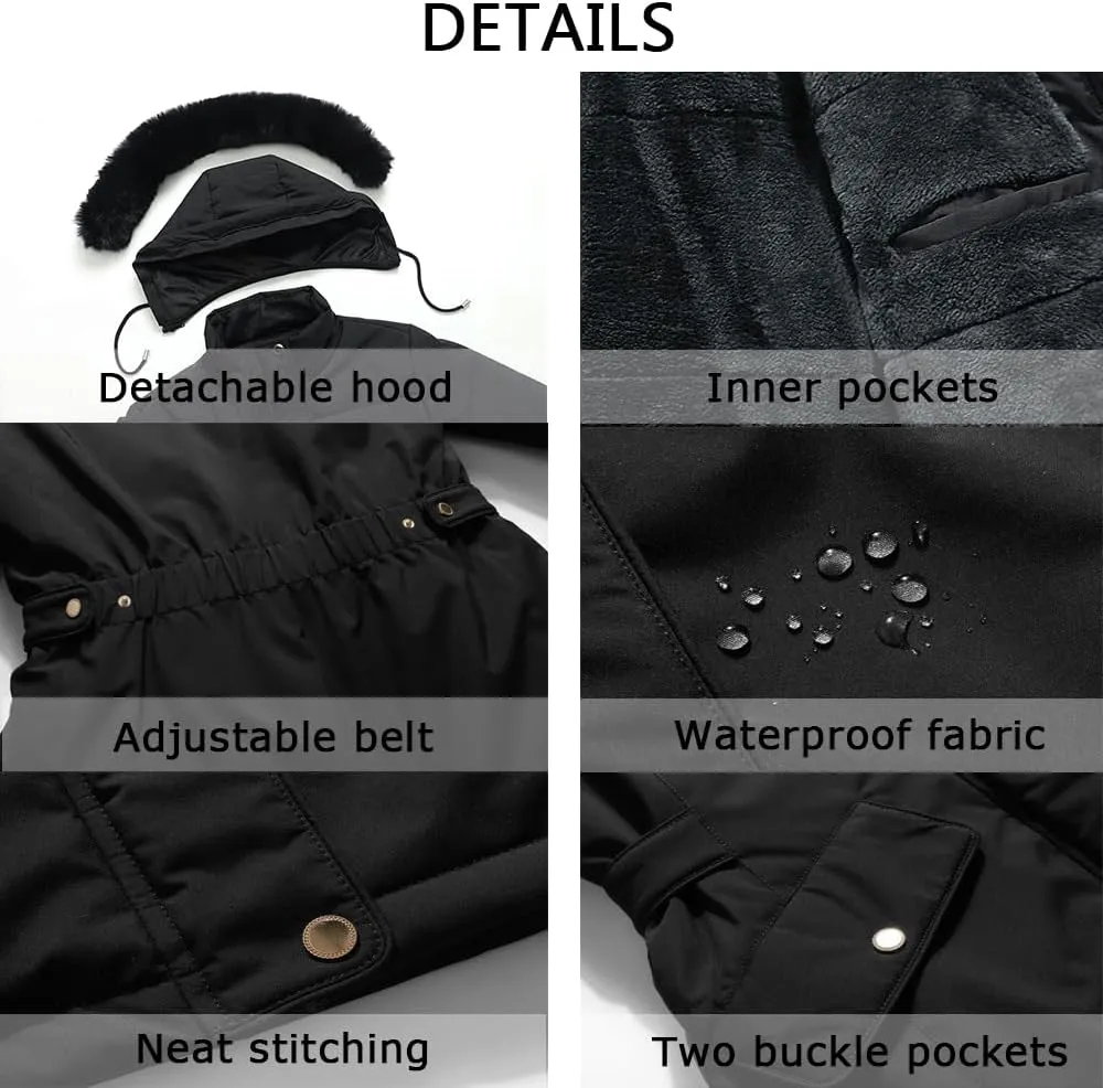 MOERDENG Women's Long Winter Down Coat Thicken Fleece Lined Parka Warm Puffer Jacket With Faux Fur Detachable Hood