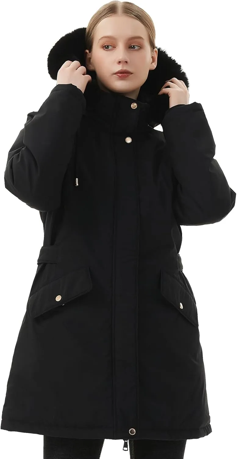 MOERDENG Women's Long Winter Down Coat Thicken Fleece Lined Parka Warm Puffer Jacket With Faux Fur Detachable Hood