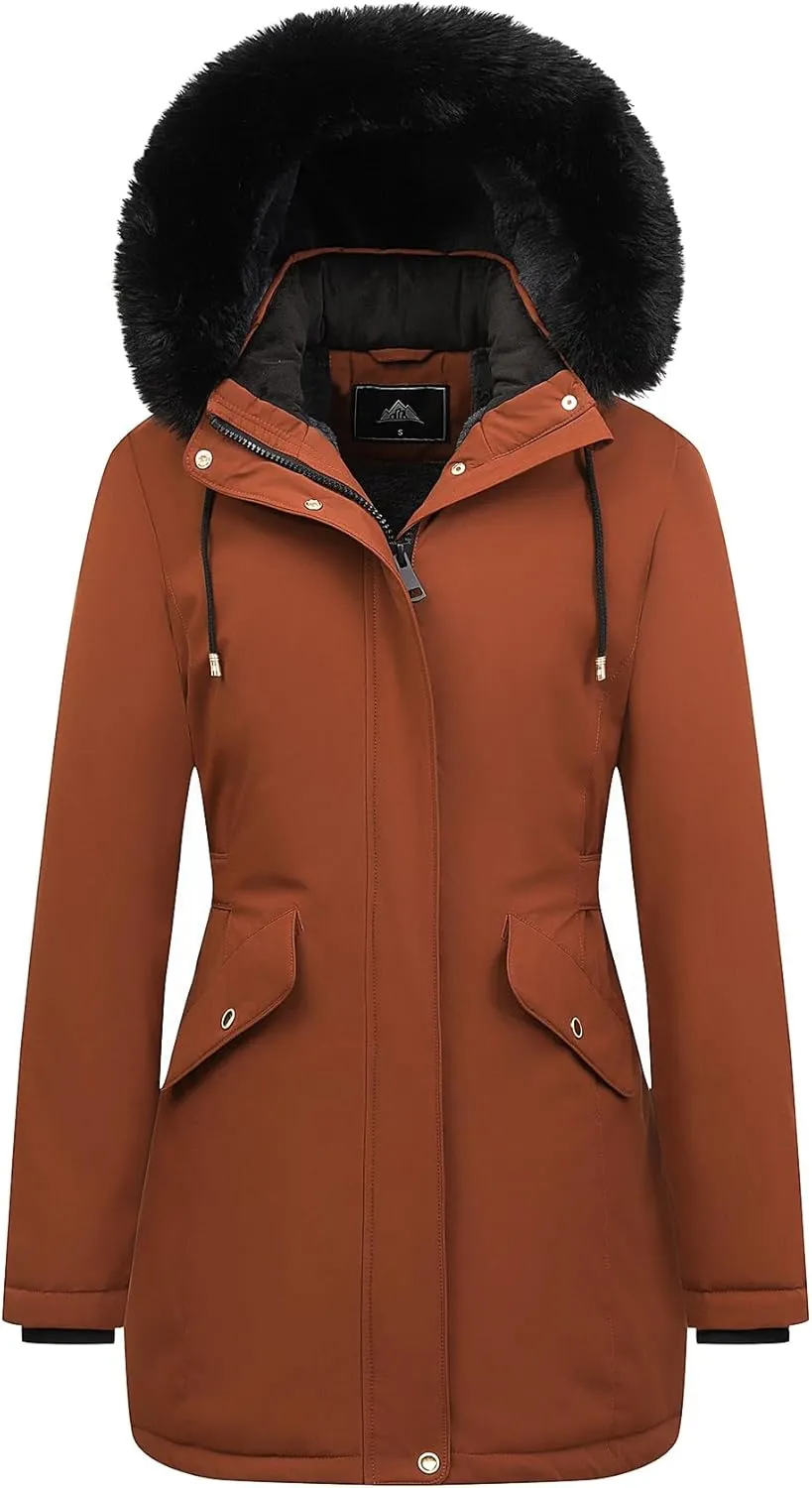 MOERDENG Women's Long Winter Down Coat Thicken Fleece Lined Parka Warm Puffer Jacket With Faux Fur Detachable Hood