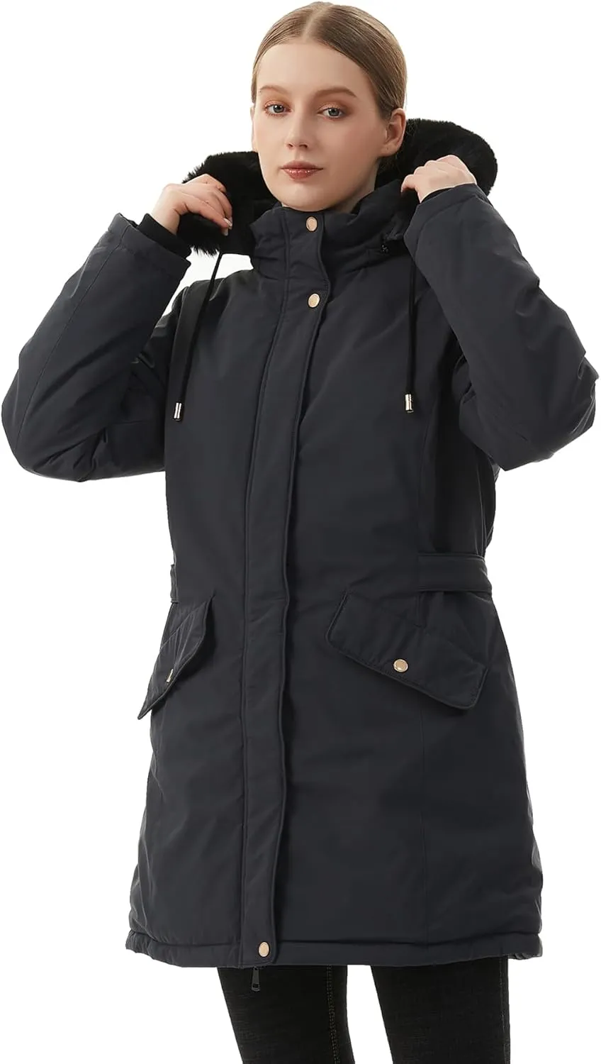 MOERDENG Women's Long Winter Down Coat Thicken Fleece Lined Parka Warm Puffer Jacket With Faux Fur Detachable Hood