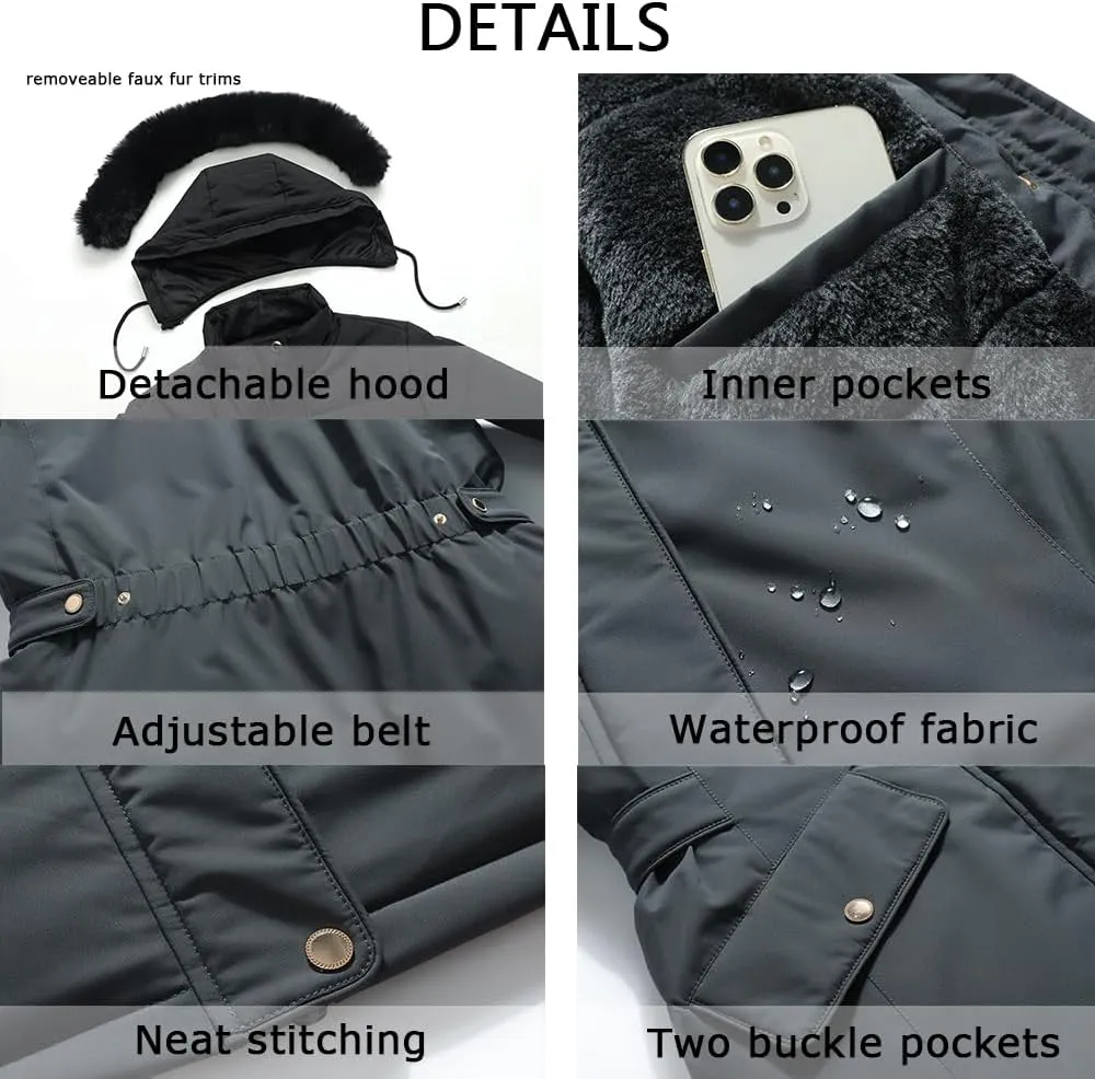 MOERDENG Women's Long Winter Down Coat Thicken Fleece Lined Parka Warm Puffer Jacket With Faux Fur Detachable Hood