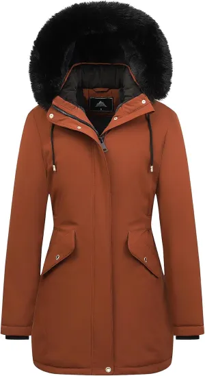 MOERDENG Women's Long Winter Down Coat Thicken Fleece Lined Parka Warm Puffer Jacket With Faux Fur Detachable Hood